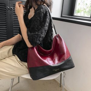 PU Single Shoulder Bag with Zipper and Color Block Design
