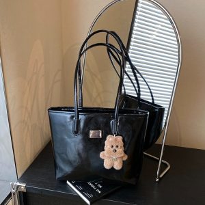PU Tote Bag with Stitching Detail for Daily Use - White,Black,Red,Brown - One Size
