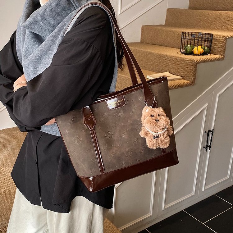 PU Tote Bag with Stitching Detail for Daily Use - Coffee,Brown - One Size - Image 3