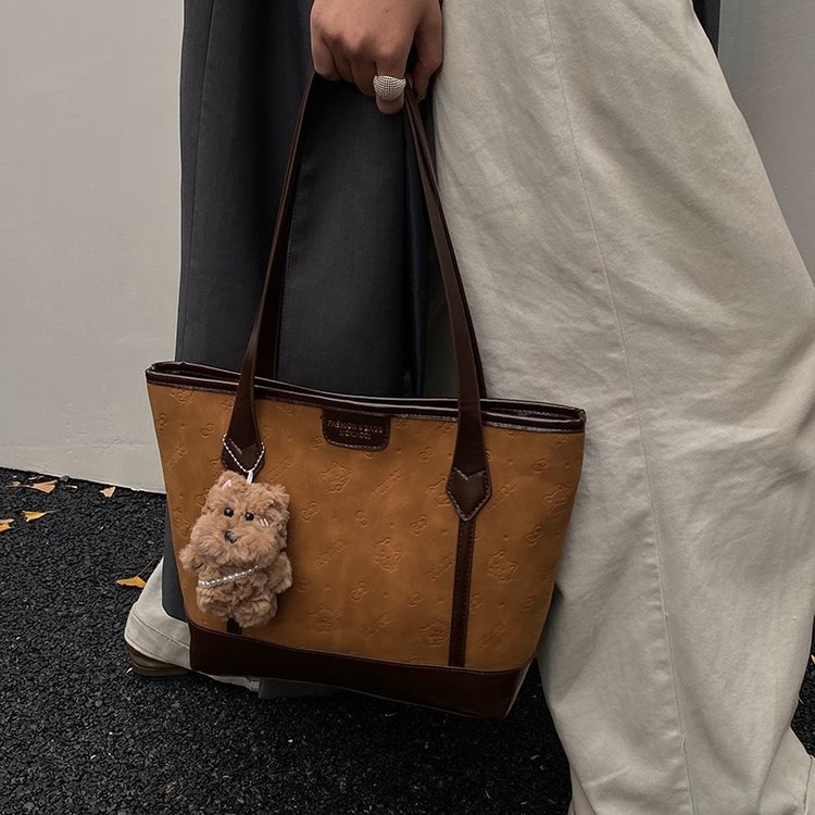 PU Tote Bag with Stitching Detail for Daily Use - Coffee,Brown - One Size - Image 2
