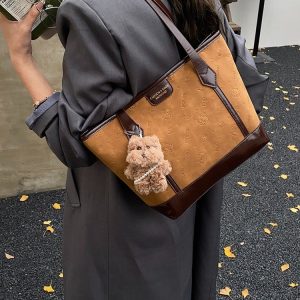 PU Tote Bag with Stitching Detail for Daily Use - Coffee,Brown - One Size