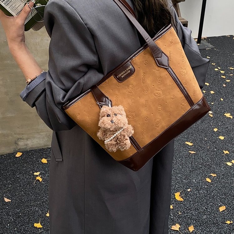 PU Tote Bag with Stitching Detail for Daily Use - Coffee,Brown - One Size