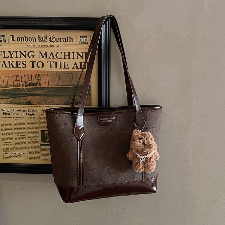 PU Tote Bag with Stitching Detail for Daily Use - Coffee,Brown - One Size - Image 4