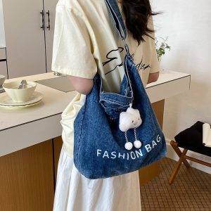 Denim Tote Bag with Letter Detail Single Shoulder 2026 Summer