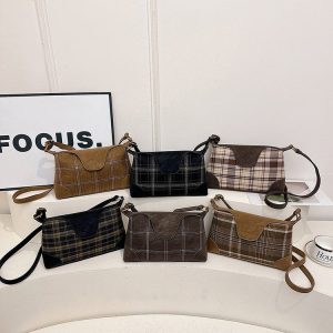 Plaid Mixed Material Handbag Shoulder Crossbody Tote with Zip Clasp 2026 Fall