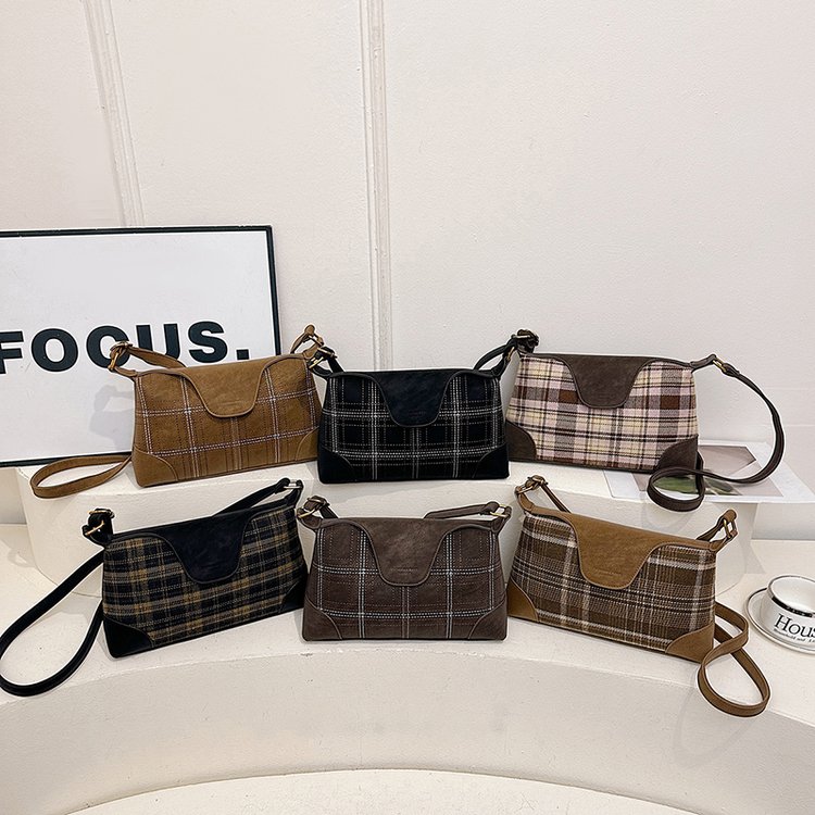 Plaid Mixed Material Handbag Shoulder Crossbody Tote with Zip Clasp 2026 Fall