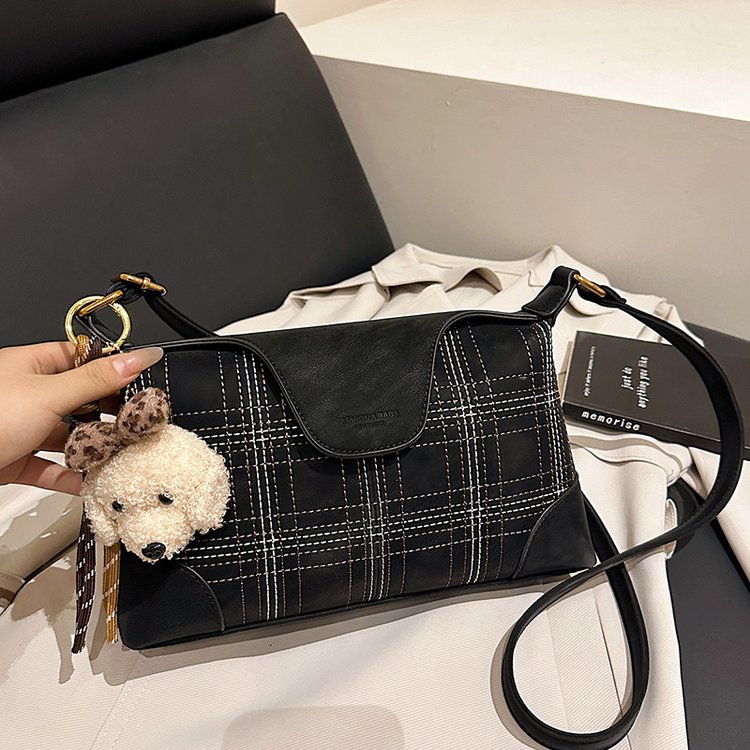 Plaid Mixed Material Handbag Shoulder Crossbody Tote with Zip Clasp 2026 Fall - Image 4