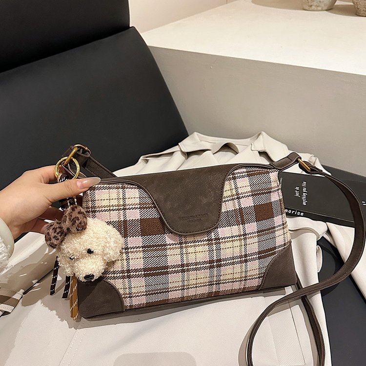 Plaid Mixed Material Handbag Shoulder Crossbody Tote with Zip Clasp 2026 Fall - Image 2